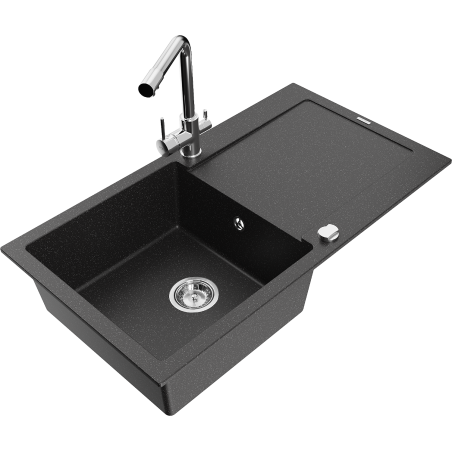 Mexen Leo granitinė vienos kameros kriauklė su indaplove ir virtuviniu maišytuvu Duero, juoda/sidabrinė metalika