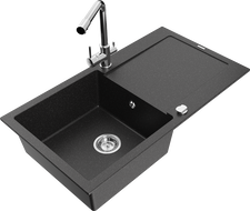 Mexen Leo granitinė vienos kameros kriauklė su indaplove ir virtuviniu maišytuvu Duero, juoda/sidabrinė metalika