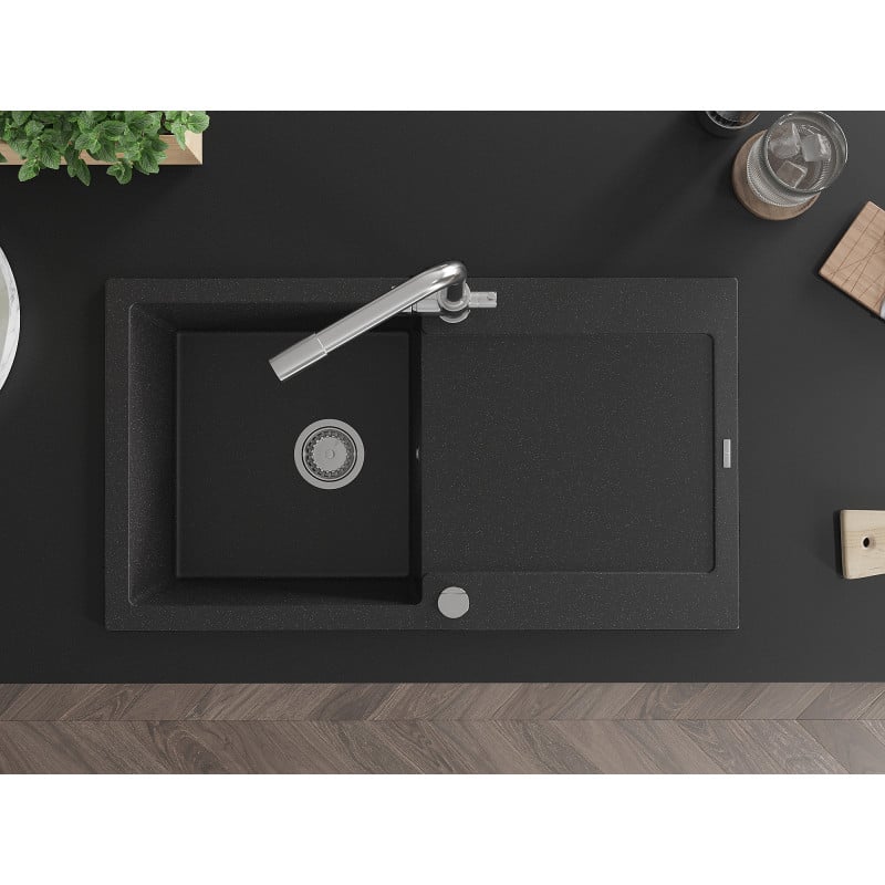 Mexen Leo granitinė vienos kameros kriauklė su indaplove ir virtuviniu maišytuvu Duero, juoda/sidabrinė metalika