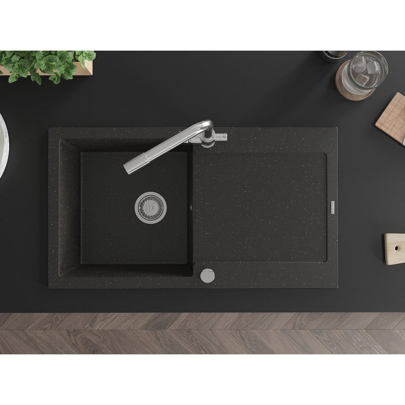 Mexen Leo granitinė plautuvė su viena sekcija, lašėjimo vieta ir virtuvės maišytuvu Duero, juoda/auksinė metalika