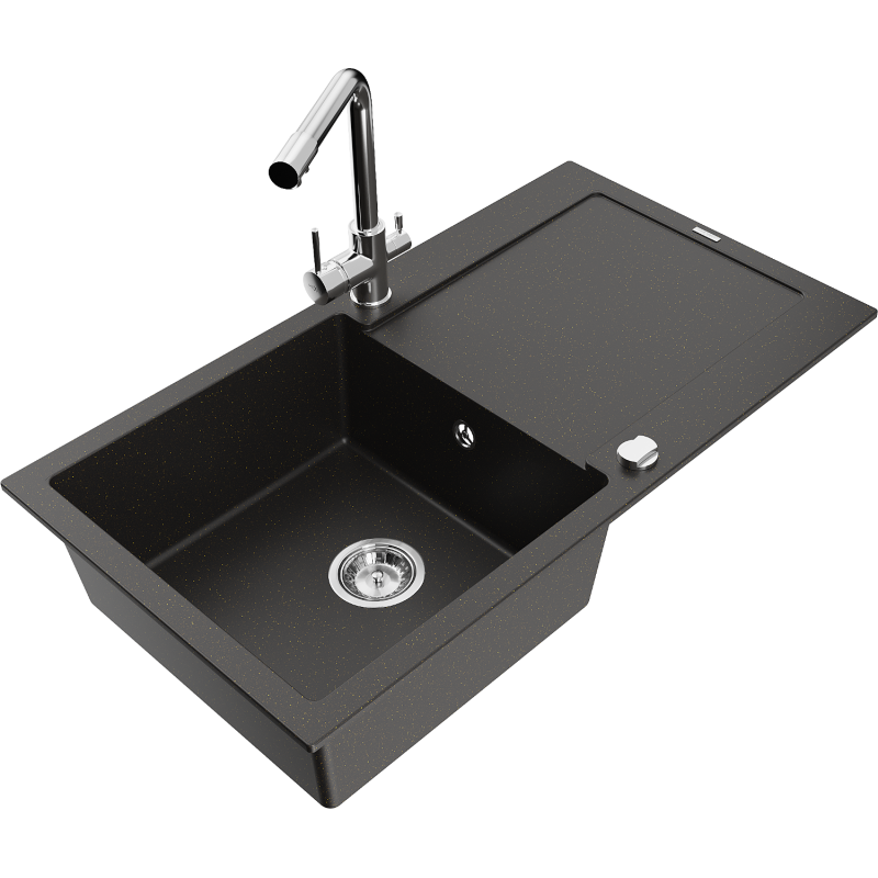 Mexen Leo granitinė plautuvė su viena sekcija, lašėjimo vieta ir virtuvės maišytuvu Duero, juoda/auksinė metalika