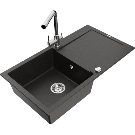 Mexen Leo granitinė plautuvė su viena sekcija, lašėjimo vieta ir virtuvės maišytuvu Duero, juoda/auksinė metalika