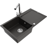 Mexen Leo granitinė plautuvė su viena sekcija, lašėjimo vieta ir virtuvės maišytuvu Duero, juoda/auksinė metalika