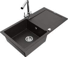 Mexen Leo granitinė plautuvė su viena sekcija, lašėjimo vieta ir virtuvės maišytuvu Duero, juoda/auksinė metalika