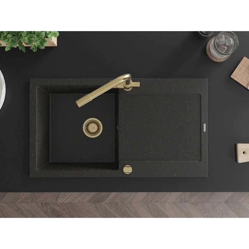 Mexen Leo granitinė vienos kameros kriauklė su drenažu ir virtuvės maišytuvu Duero, juoda/auksinė metalika