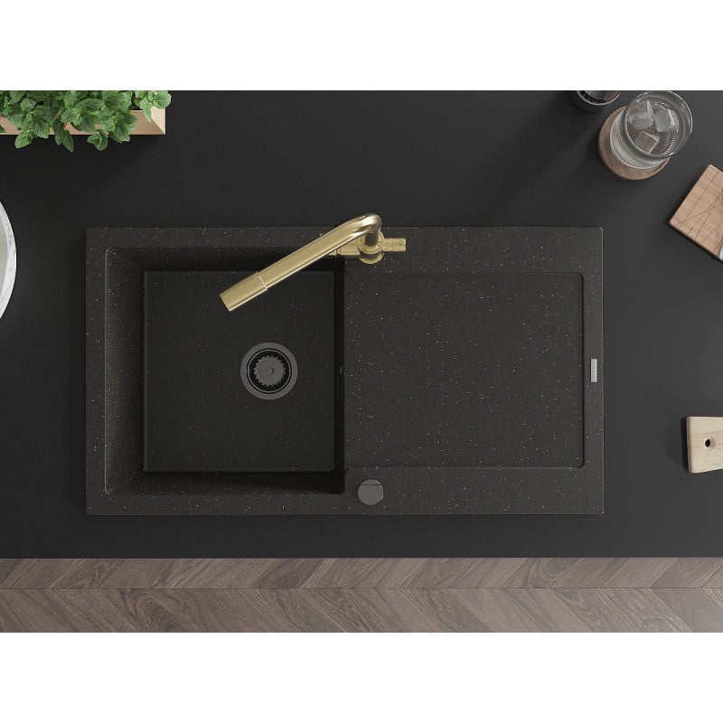 Mexen Leo granitinė vienos kameros kriauklė su nusausintuvu ir virtuviniu maišytuvu Duero, juoda/auksinė metalika