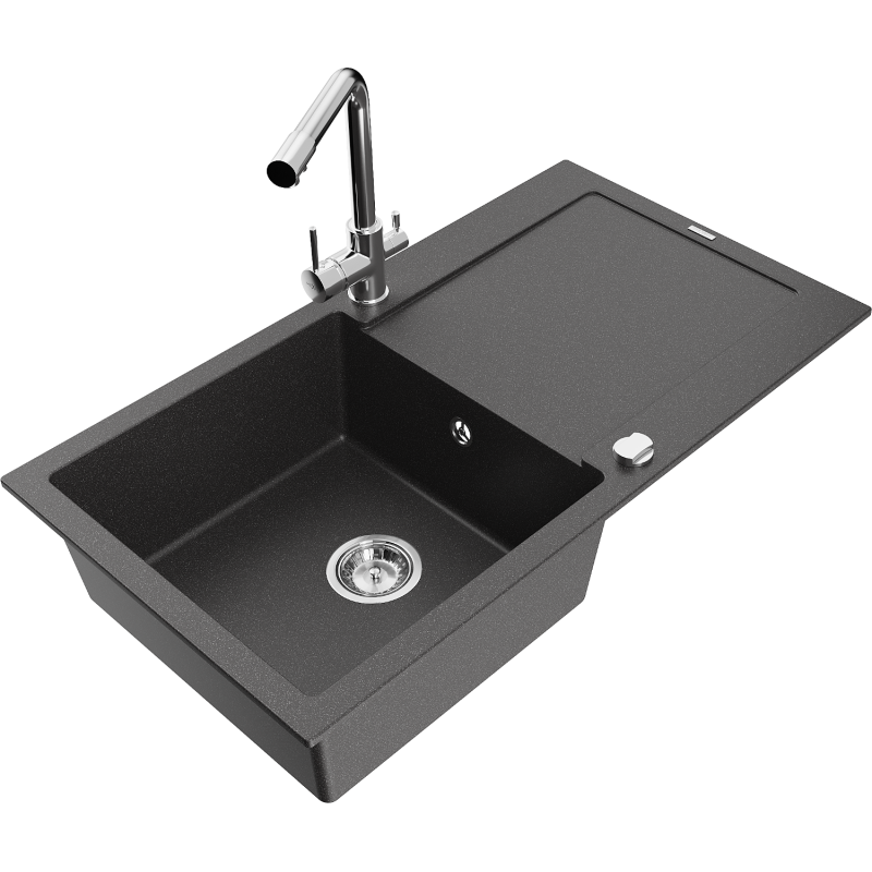Mexen Leo granitinis plautuvė 1-dalinė su nutekamu ir virtuviniu maišytuvu Duero, juodas dėmėtas - 6501-76-671600-00