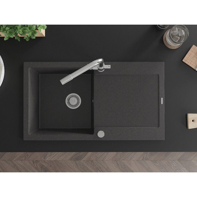 Mexen Leo granitinis plautuvė 1-dalinė su nutekamu ir virtuviniu maišytuvu Duero, juodas dėmėtas - 6501-76-671600-00