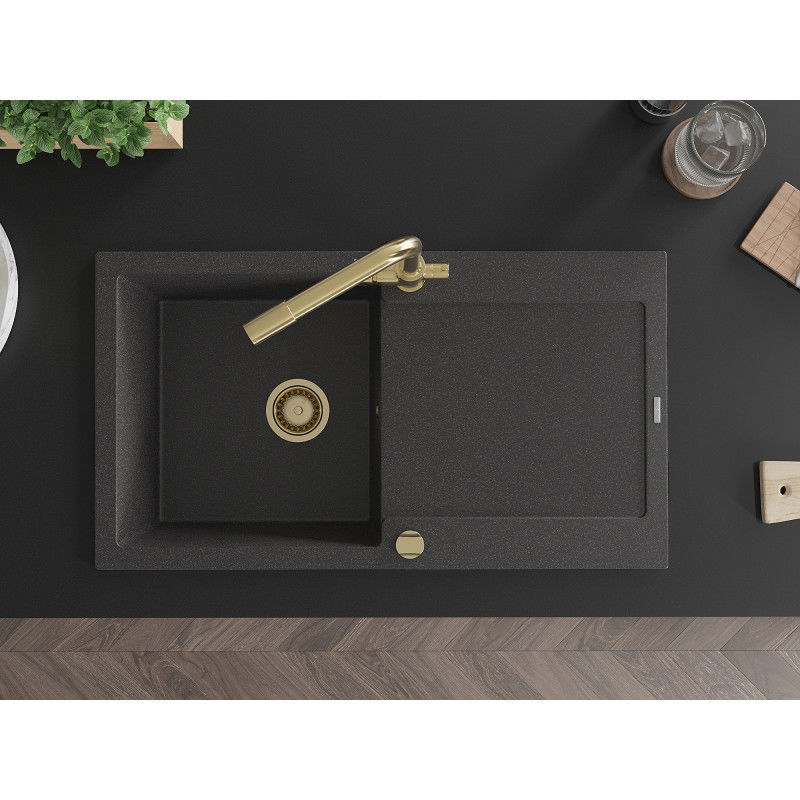 Mexen Leo granitinė 1 kamerinė kriauklė su nusausintuvu ir virtuviniu maišytuvu Duero, juoda marginta - 6501-76-671600-50