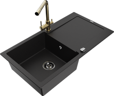 Mexen Leo granitinė vienos zonos kriauklė su nusausintuvu ir virtuviniu maišytuvu Duero, juoda - 6501-77-671600-50-B