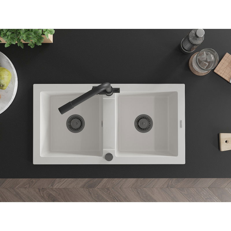 Mexen Mario granito plautuvė, dviejų skylių, su virtuvės maišytuvu Duero, balta - 6504-20-671600-70