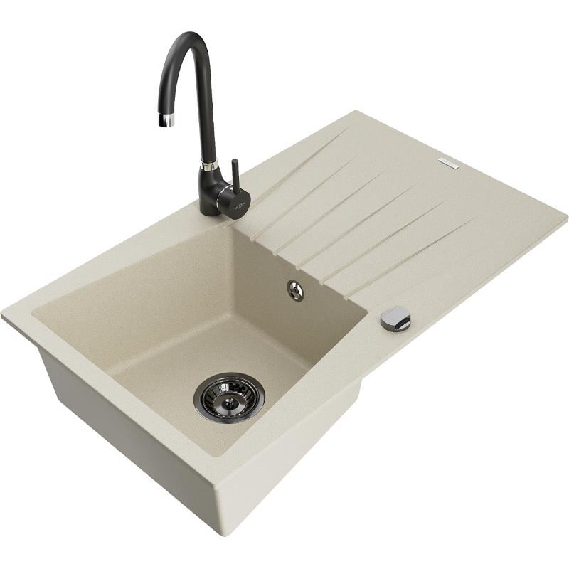 Mexen Cesar granitinė vienos kameros kriauklė su nuvarvėjimo zona ir Telma virtuviniu maišytuvu, smėlio spalvos