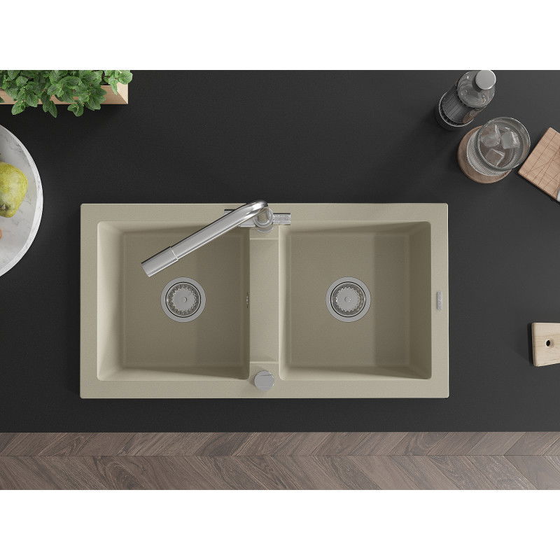 Mexen Mario granitinis 2-jų sekcijų plautuvas su virtuviniu maišytuvu Duero, smėlio spalvos - 6504-69-671600-00