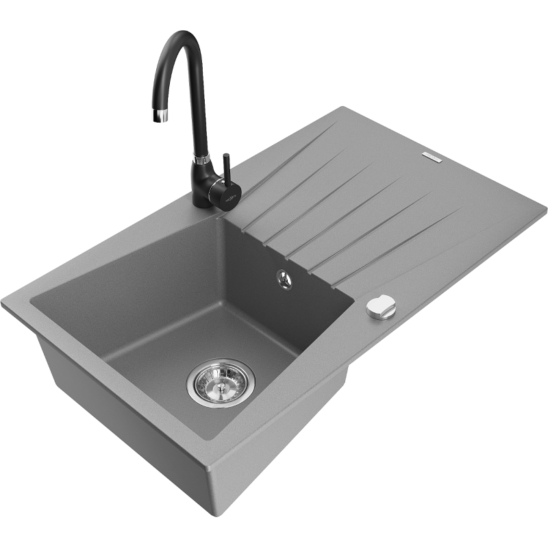 Mexen Cesar granitinis vienos kameros kriauklė su nusausintuvu ir Telma virtuvės maišytuvu, pilkas - 6514-71-670200-70