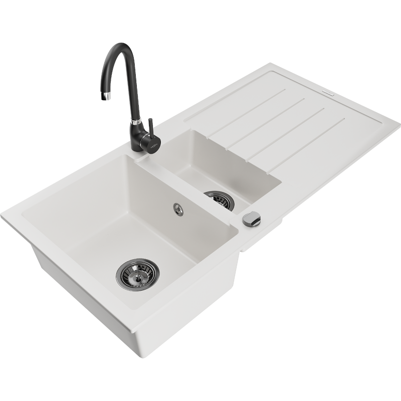 Mexen Andres 1,5 kamerų granito plautuvė su nusausinimo plokšte ir Telma virtuvės maišytuvu, balta - 6515-20-670200-70