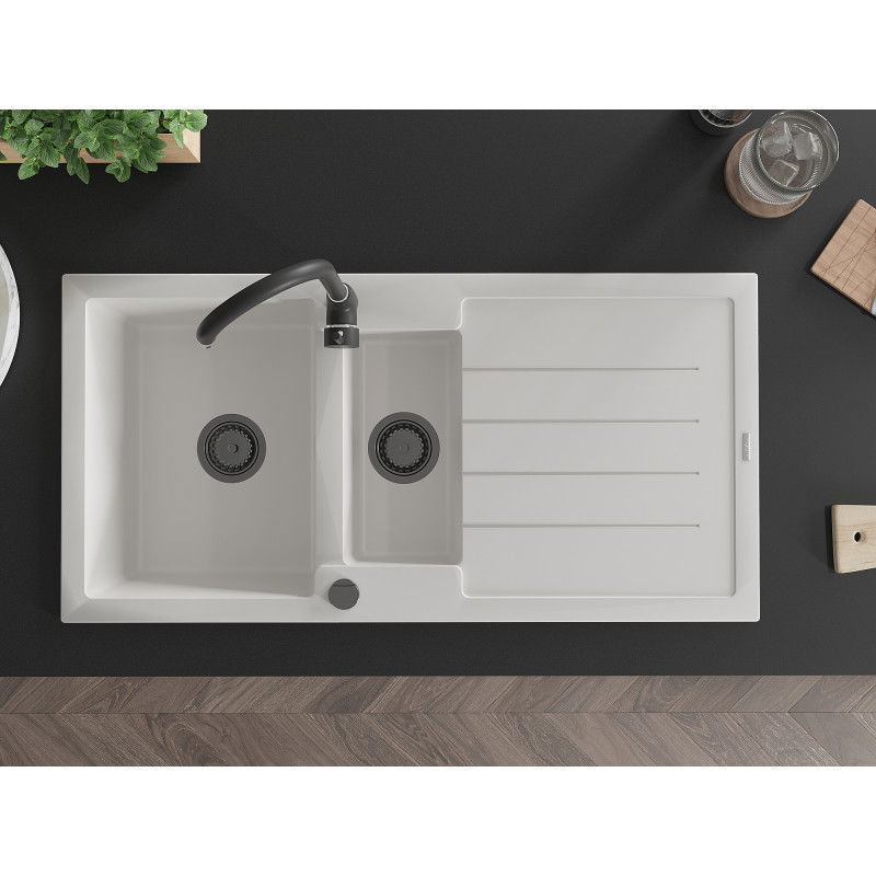 Mexen Andres 1,5 kamerų granito plautuvė su nusausinimo plokšte ir Telma virtuvės maišytuvu, balta - 6515-20-670200-70