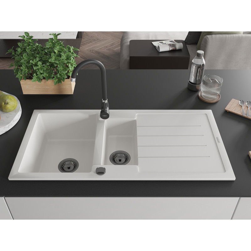 Mexen Andres 1,5 kamerų granito plautuvė su nusausinimo plokšte ir Telma virtuvės maišytuvu, balta - 6515-20-670200-70