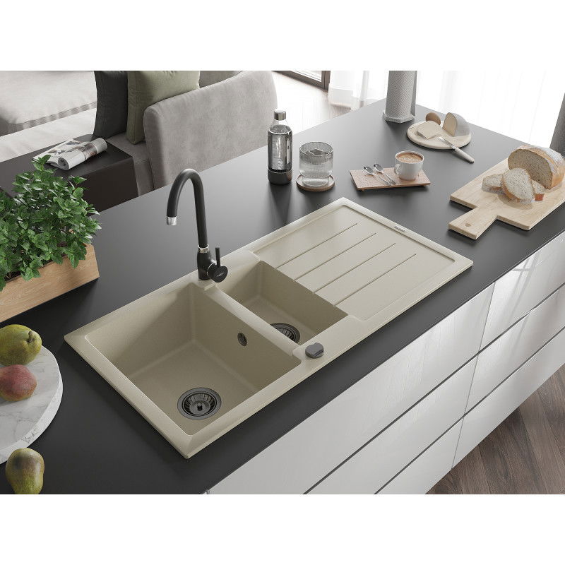 Mexen Andres granito plautuvė 1,5 kamerų su nusausinimo lentyna ir virtuviniu maišytuvu Telma, smėlinis - 6515-69-670200-70