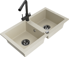 Mexen Mario granitinis dviejų skyrių virtuvinis plautuvė su maišytuvu Duero, smėlio spalvos - 6504-69-671600-70