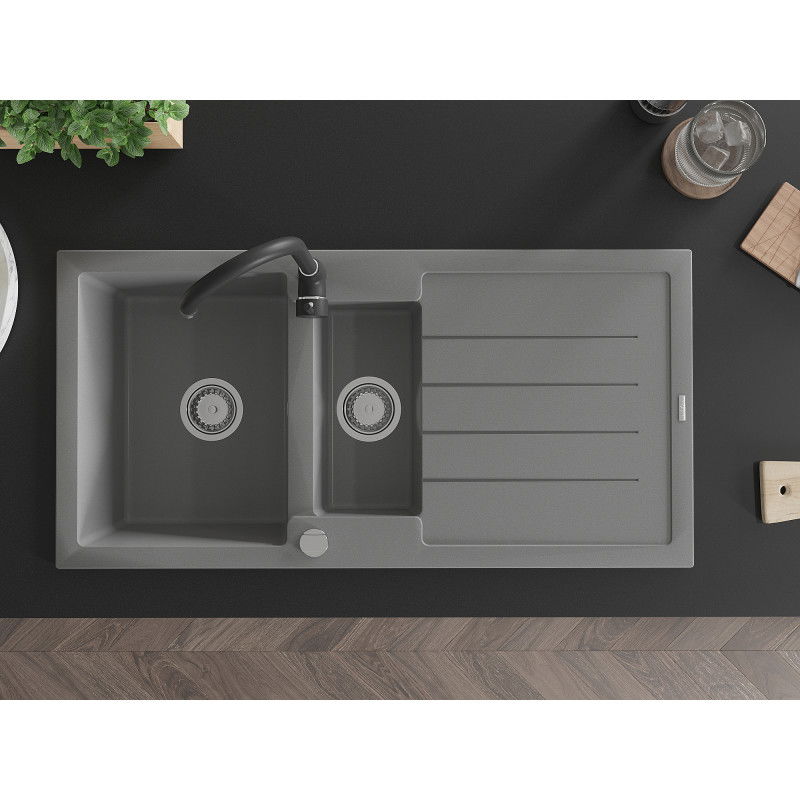 Mexen Andres granitinis kriauklė 1,5 skyrelio su džiovintuvu ir virtuvinio maišytuvu Telma, pilka - 6515-71-670200-70