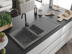 Mexen Andres granitinė 1,5 dubens kriauklė su nusausintuvu ir Telma virtuvės maišytuvu, pilkas - 6515-71-670200-70-B