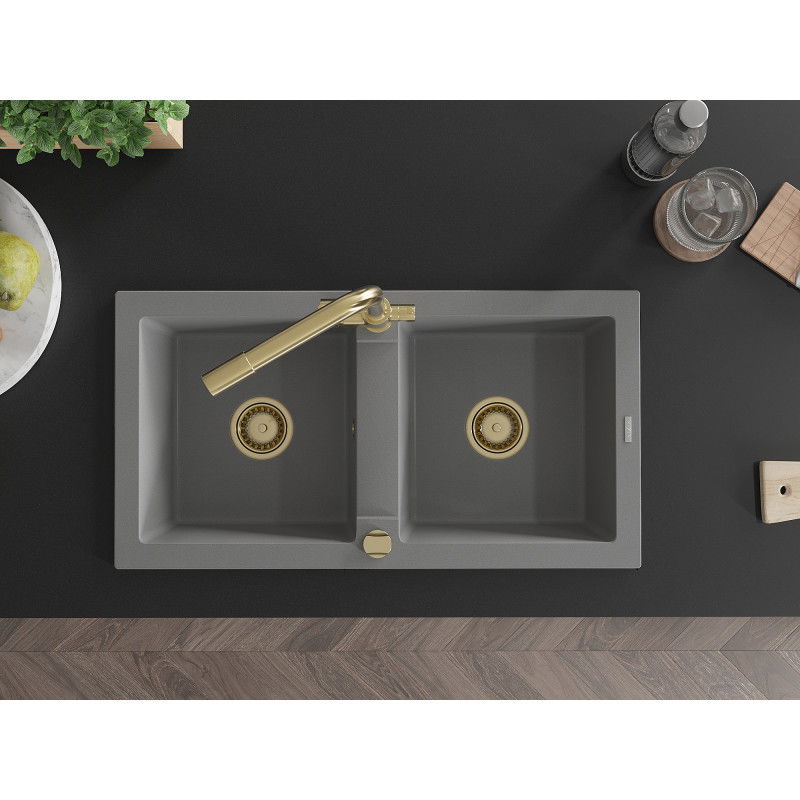 Mexen Mario granitinis dvikomorinis kriauklė su virtuviniu maišytuvu Duero, pilka - 6504-71-671600-50
