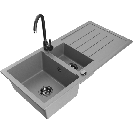 Mexen Andres granitinė 1,5 dubens kriauklė su nusausintuvu ir Telma virtuvės maišytuvu, pilkas - 6515-71-670200-70-B