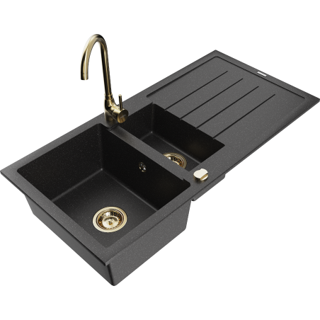 Mexen Andres granitinė 1,5 kamerų plautuvė su nutekėjimu ir Telma virtuvės maišytuvu, juoda/sidabrinė - 6515-73-670200-50