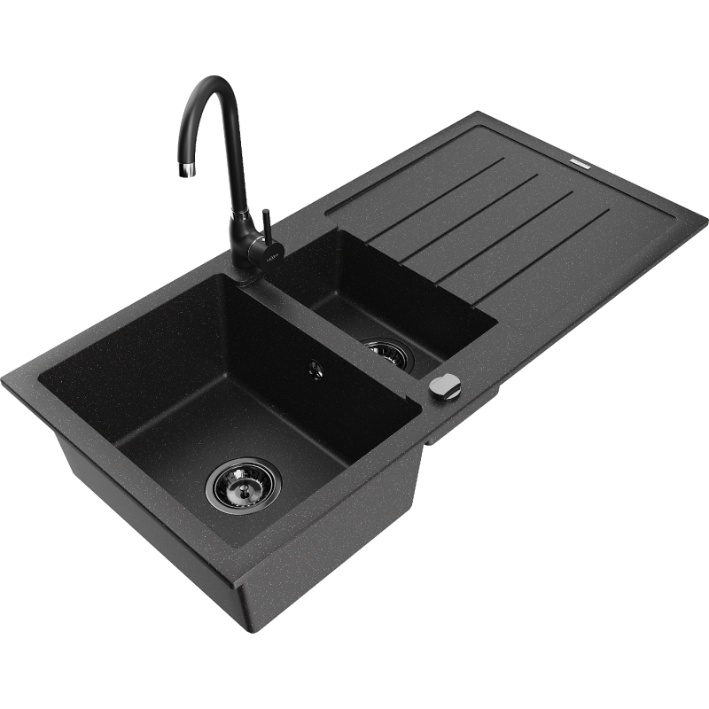 Mexen Andres 1,5 kamerų granitinė plautuvė su nutekėjimu ir Telma virtuvės čiaupu, juoda/sidabrinė - 6515-73-670200-70-B