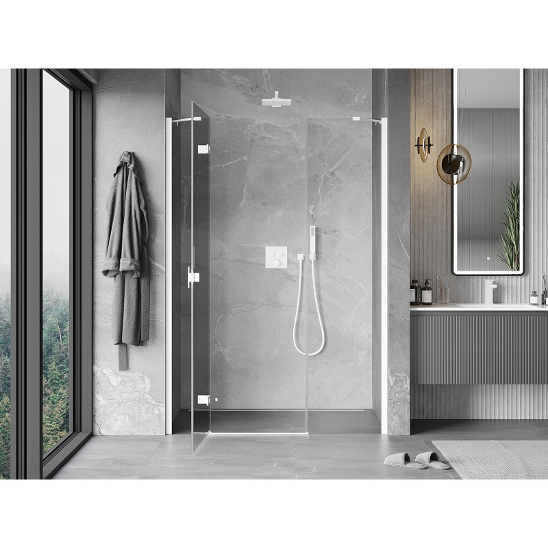 Mexen Mist-H kairiosios atveriamos dušo durys 135 cm, skaidrios, baltos - 8A5-135-001-20-00-L