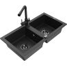 Mexen Mario granitinė dviejų skylių plautuvė su virtuviniu maišytuvu Duero, juoda/sidabrinė metalo spalvos