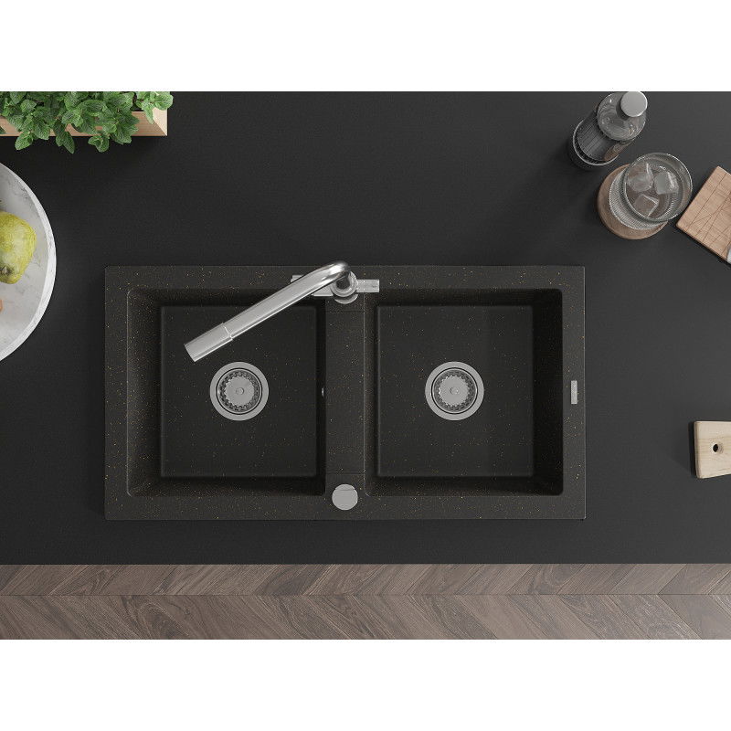 Mexen Mario granitinis dviejų skyrių plautuvė su virtuviniu maišytuvu Duero, juodas/auksinis metalikas - 6504-75-671600-00