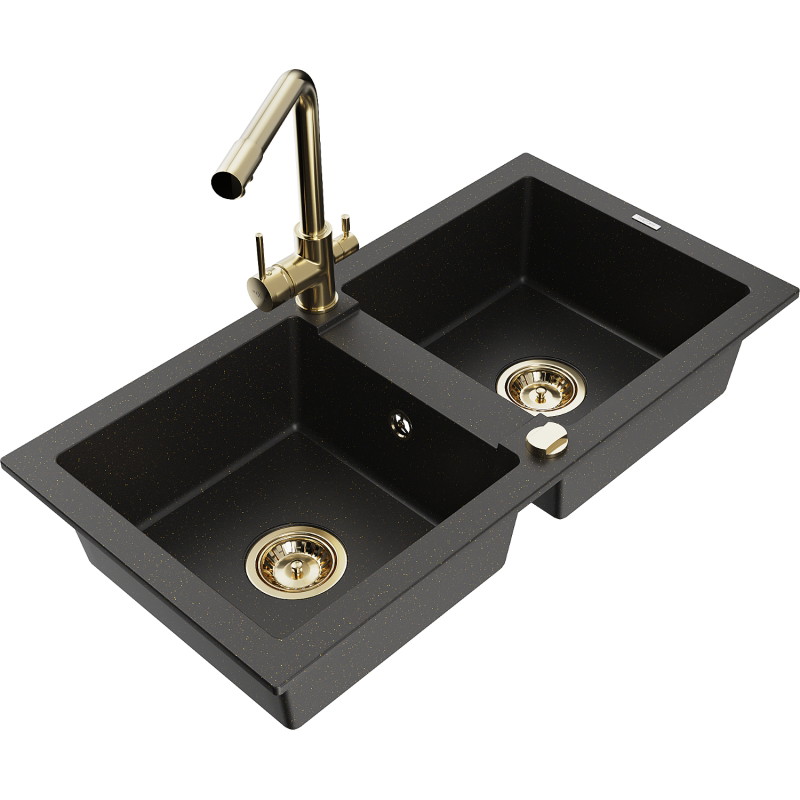 Mexen Mario granitinė dviejų skyrių plautuvė su virtuviniu maišytuvu Duero, juoda/auksinis metalikas - 6504-75-671600-50