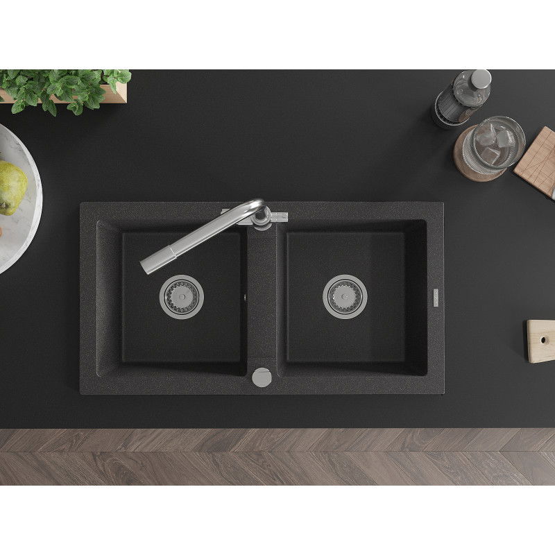 Mexen Mario granitinė dviejų skyrių kriauklė su virtuviniu maišytuvu Duero, juoda su taškeliais - 6504-76-671600-00