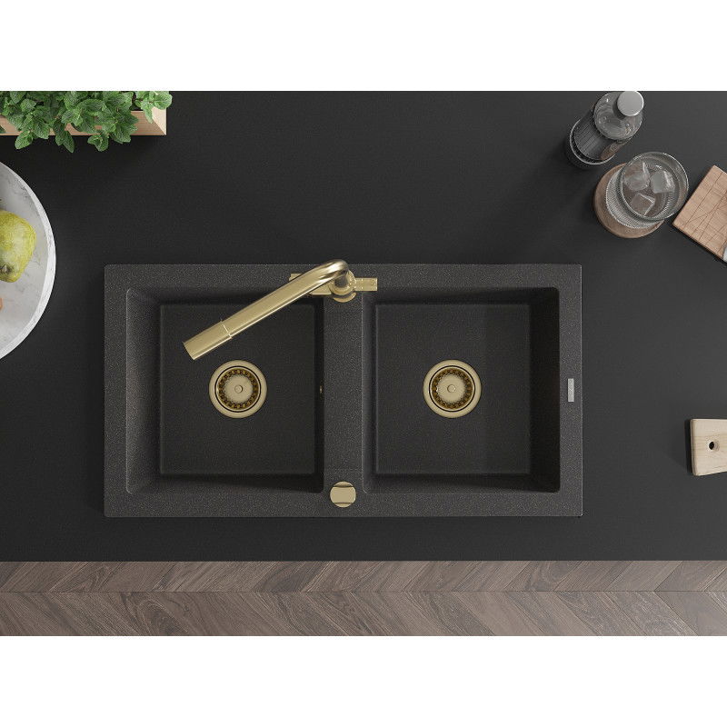 Mexen Mario dviejų skyrių granito plautuvė su virtuviniu maišytuvu Duero, juoda taškuota - 6504-76-671600-50