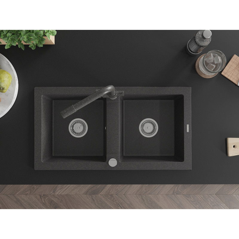 Mexen Mario granito plautuvė su dviem sekcijomis ir virtuviniu maišytuvu Duero, juodas dėmėtas - 6504-76-671600-76