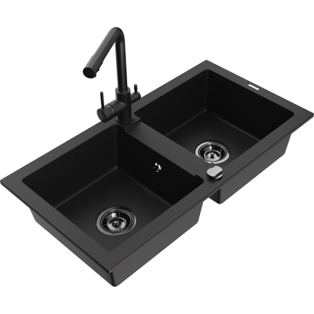 Mexen Mario dviejų kamerų granito kriauklė su virtuviniu maišytuvu Duero, juodas - 6504-77-671600-70-B