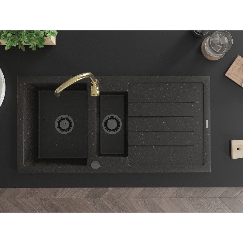 Mexen Andres granito kriauklė 1,5 kameros su nusausintuvu ir virtuvės maišytuvu Telma, juoda/aukso - 6515-75-670200-50-B