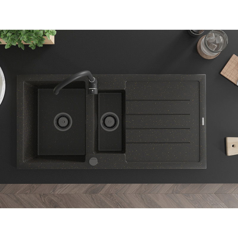 Mexen Andres granitinis 1,5 kamerų plautuvas su nutekėjimu ir Telma virtuviniu maišytuvu, juodas/auksinis - 6515-75-670200-70-B