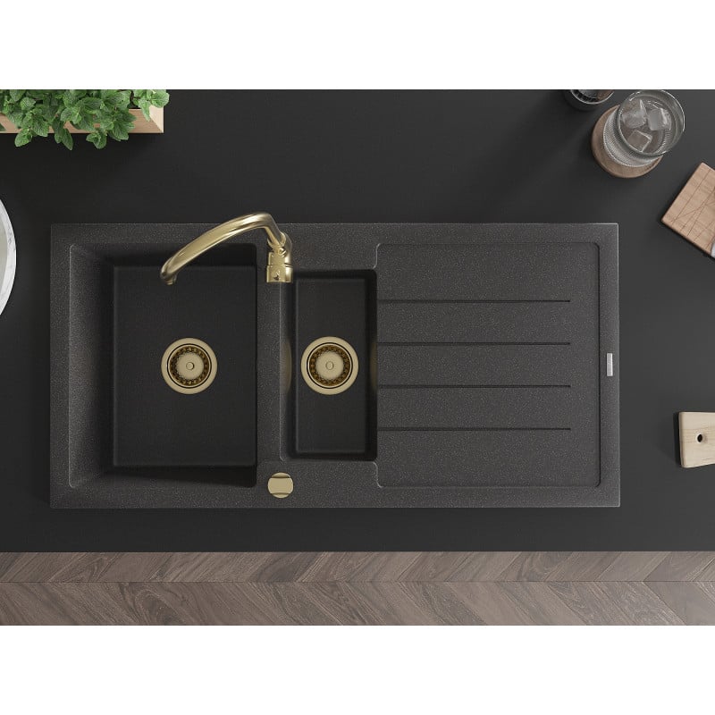 Mexen Andres granitinė 1,5 sekcijų plautuvė su nusausintuvu ir virtuviniu čiaupu Telma, juoda su dėmėmis