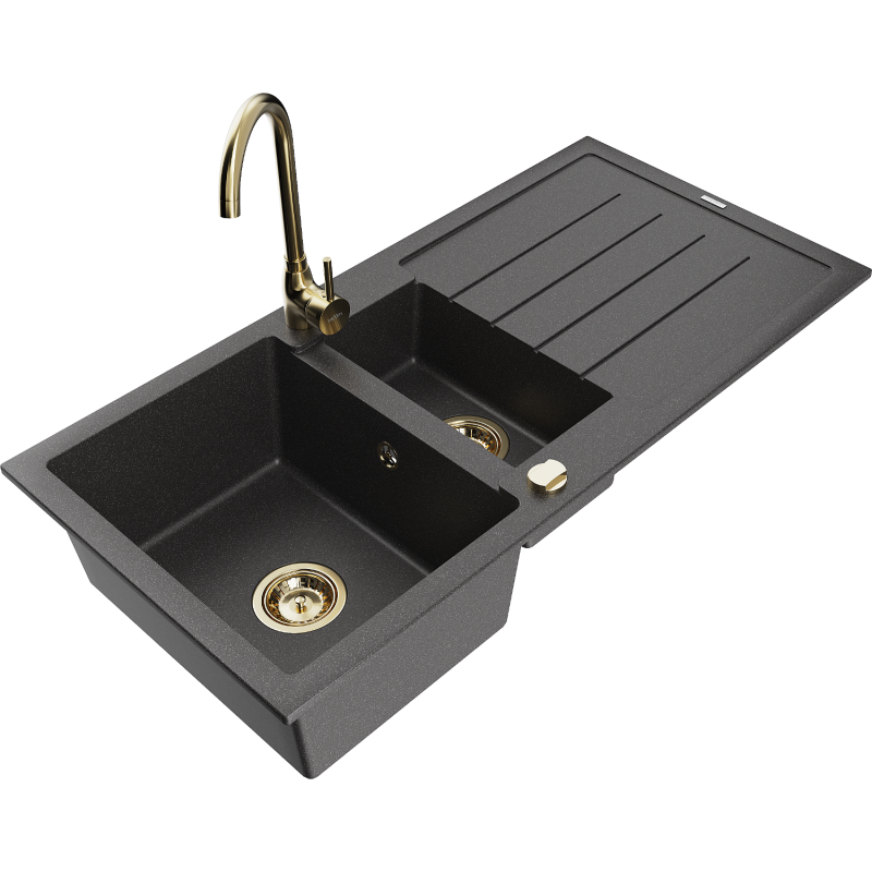 Mexen Andres granitinė 1,5 sekcijų plautuvė su nusausintuvu ir virtuviniu čiaupu Telma, juoda su dėmėmis