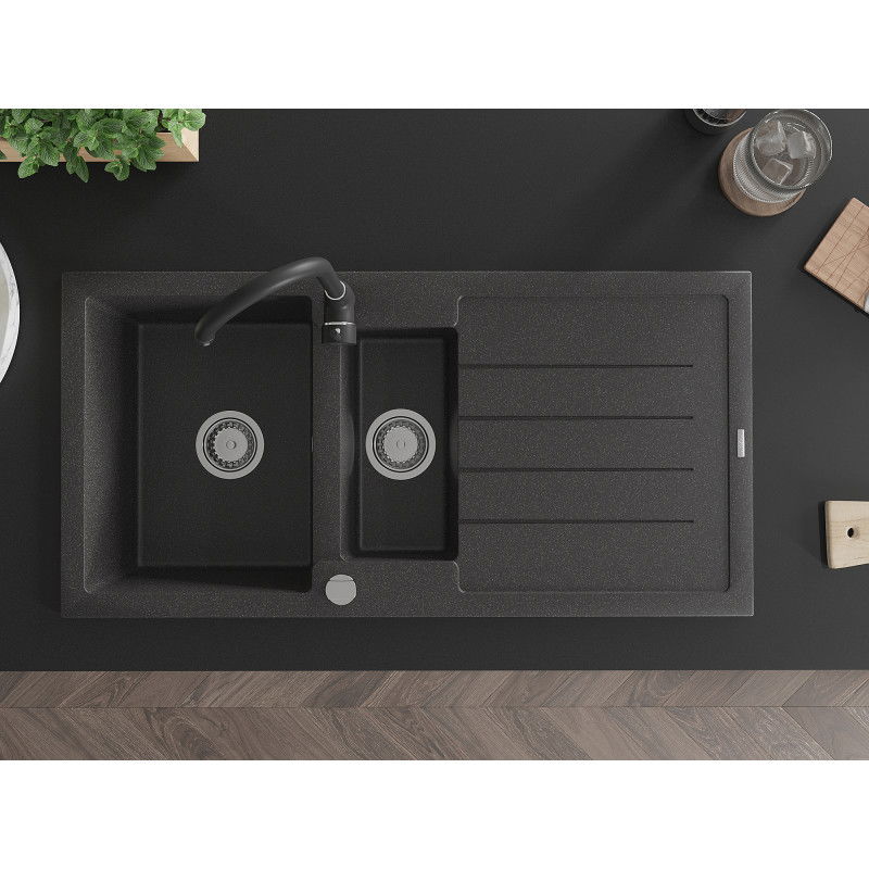 Mexen Andres granitinis 1,5 dubens plautuvas su lašintuvu ir virtuvės maišytuvu Telma, juodas dėmėtas - 6515-76-670200-70