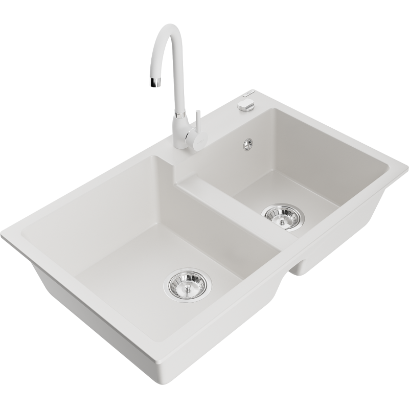 Mexen Tomas dviejų kamerų granito kriauklė su virtuvės maišytuvu Telma, balta - 6516-20-670200-20