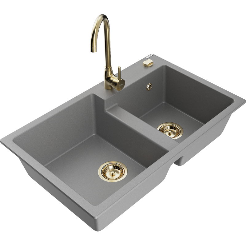 Mexen Tomas granito plautuvė su dviem kameromis ir virtuviniu maišytuvu Telma, pilka - 6516-71-670200-50