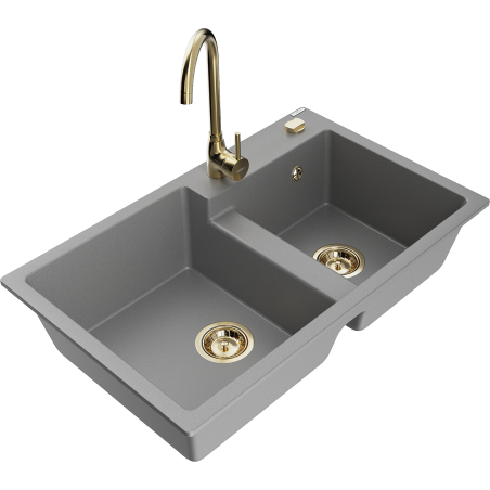 Mexen Tomas granito plautuvė su dviem kameromis ir virtuviniu maišytuvu Telma, pilka - 6516-71-670200-50