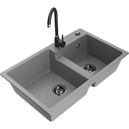 Mexen Tomas granitinis dviejų skyrių virtuvės plautuvė su maišytuvu Telma, pilka - 6516-71-670200-70-B