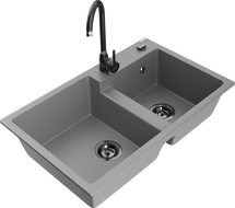Mexen Tomas granitinis dviejų skyrių virtuvės plautuvė su maišytuvu Telma, pilka - 6516-71-670200-70-B