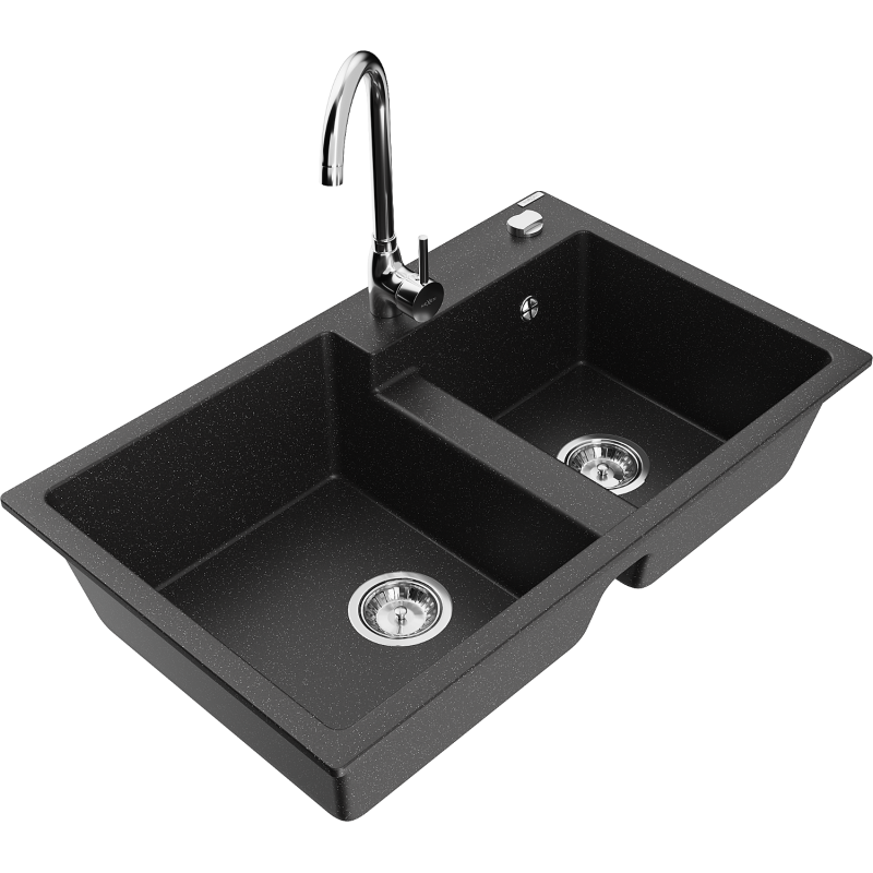 Mexen Tomas granitinė 2 kamerų plautuvė su Telma virtuvės maišytuvu, juoda/sidabrinis metalikas - 6516-73-670200-00