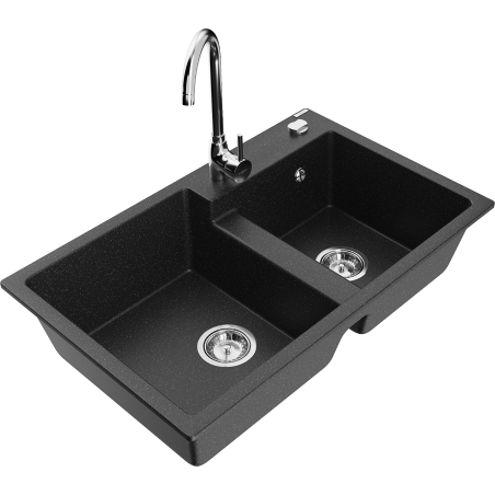 Mexen Tomas granitinė 2 kamerų plautuvė su Telma virtuvės maišytuvu, juoda/sidabrinis metalikas - 6516-73-670200-00