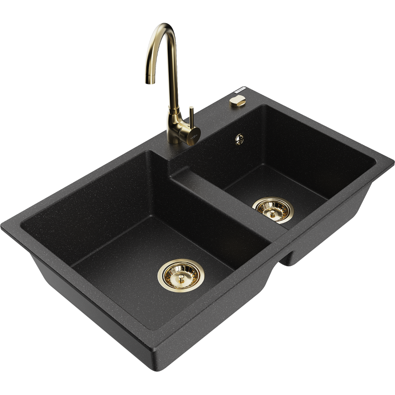 Mexen Tomas granito plautuvė su 2 skyriais ir virtuviniu maišytuvu Telma, juodas/sidabrinis metalikas - 6516-73-670200-50